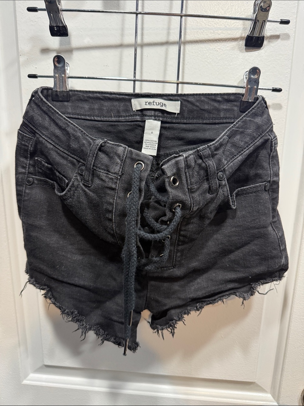 refuge Black Lace-Up Frayed Hem Denim Shorts